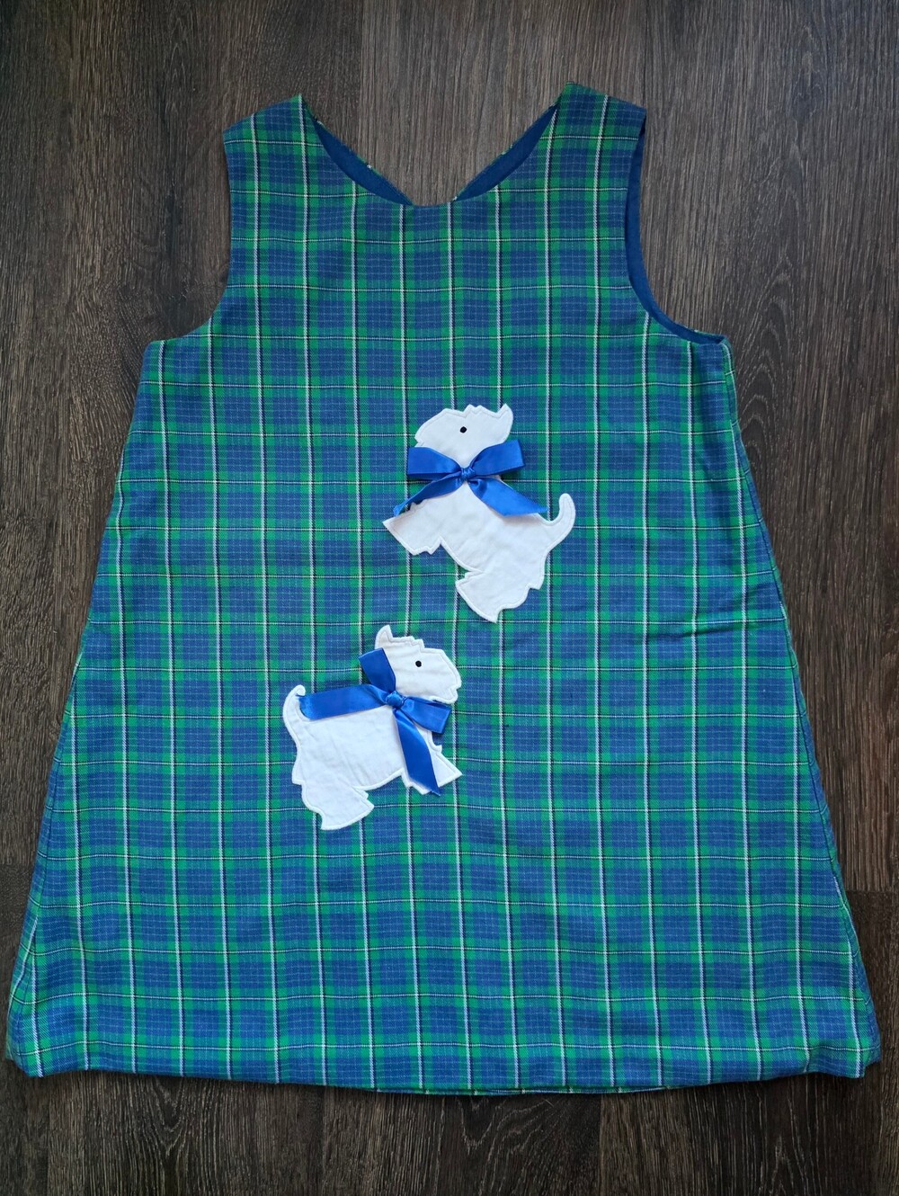 Kelly's Kids Scottie Dog appliqué green & blue plaid jumper dress